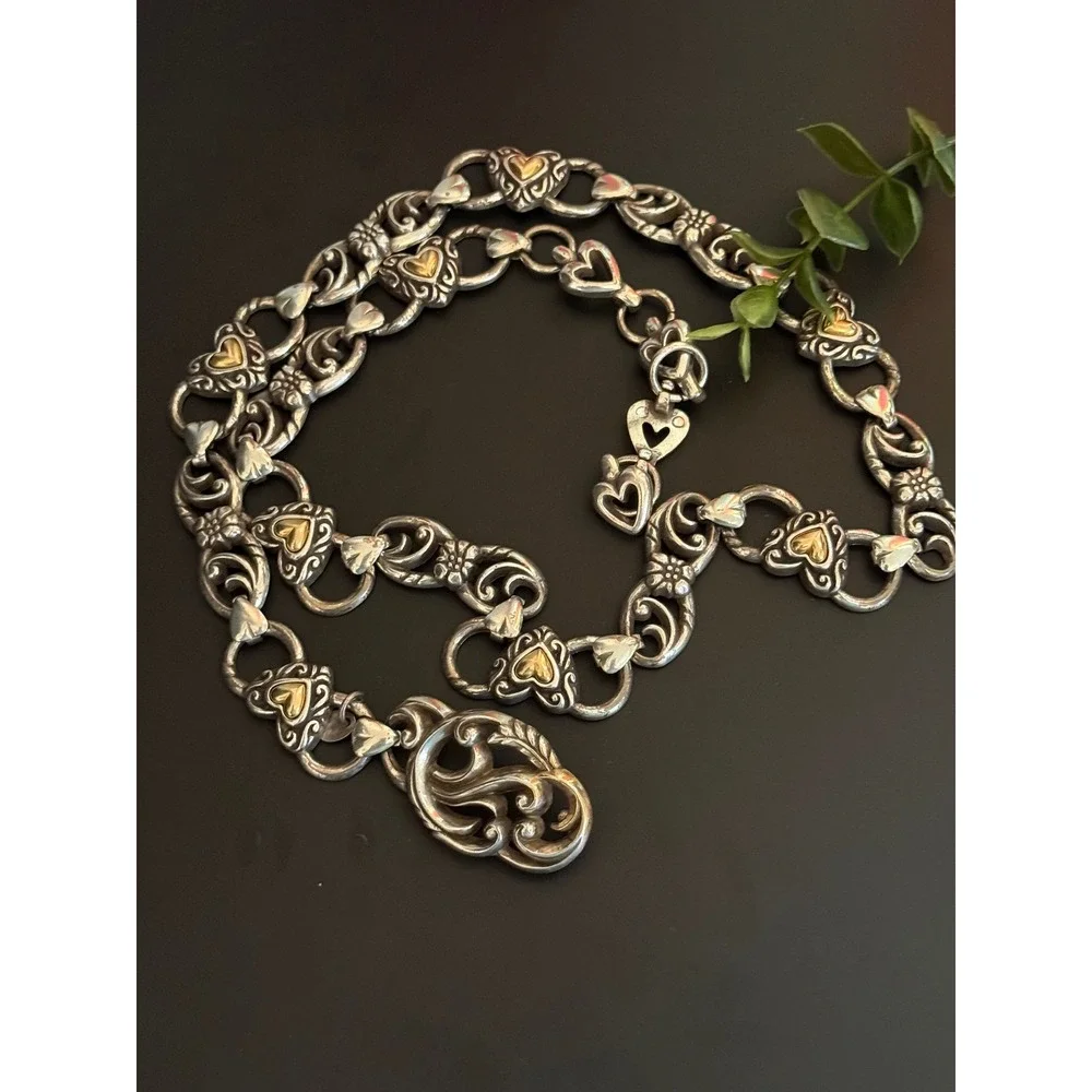 Brighton Two Tone Heart Scroll Chain Link Belt Western Mixed Metal 31.5in